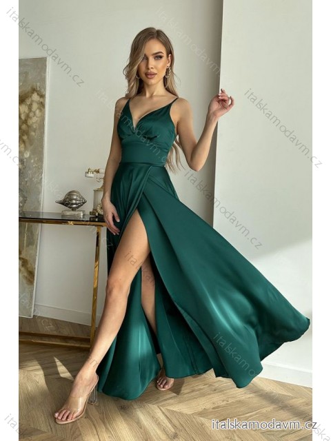 Šaty společenské saténové na ramínka dámské (34-40) POLSKÁ MÓDA PMLBC24282-13 tmavě zelená 40