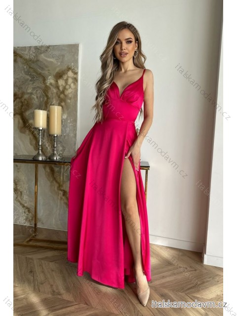 Šaty společenské saténové na ramínka dámské (34-40) POLSKÁ MÓDA PMLBC24282-07 tmavě růžová 38