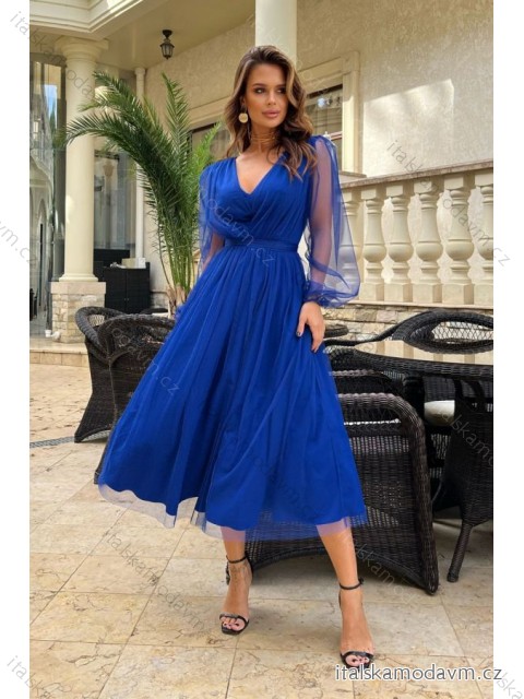 Šaty elegantný dlhý rukáv dámske (34-46) POLSKÁ MÓDA PMLBC24269-05 modrá 44