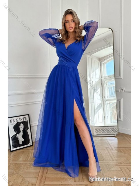 Šaty společenské dlouhý rukáv dámské (34-48) POLSKÁ MÓDA PMLBC24302-05 modrá 36