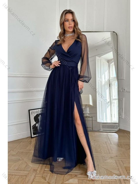 Šaty spoločenské dlhý rukáv dámske (34-48) POLSKÁ MÓDA PMLBC24302-01 tmavo modrá 48