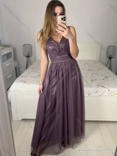 Šaty dlouhé třpytivé společenské na ramínka dámské (S/M/L ONE SIZE) ITALSKÁ MÓDA IMC23480/DUR fialová M/L