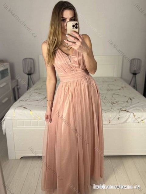 Šaty dlouhé třpytivé společenské na ramínka dámské (S/M/L ONE SIZE) ITALSKÁ MÓDA IMC23480/DUR starorůžová