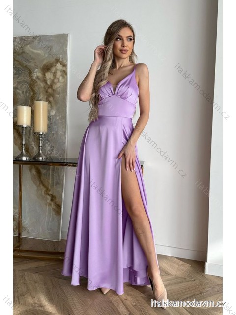 Šaty společenské saténové na ramínka dámské (34-40) POLSKÁ MÓDA PMLBC24282-50 fialová 40