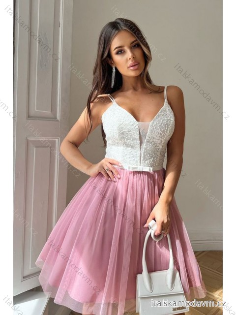 Šaty elegantní společenské na ramínka dámské (34-40) POLSKÁ MÓDA PMLBC23285-36 bledě růžová 34