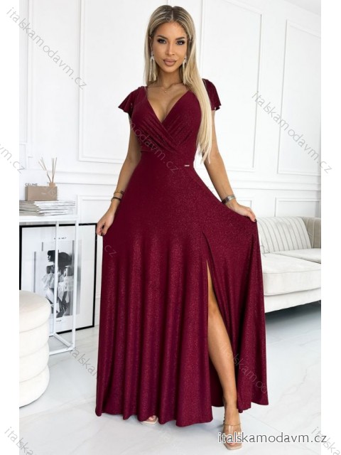 ŠATY CRYSTAL dlouhé třpytivé šaty s výstřihem - NMC-411-8/DU -   vínová -   XL