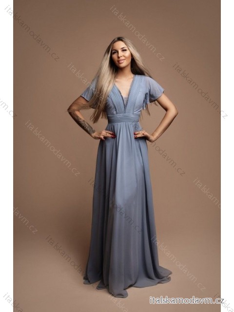 Šaty dlouhé společenské krátký rukáv dámské (S-L) FRANCOUZSKÁ MÓDA FMPEL23R1507-3 světle modrá L