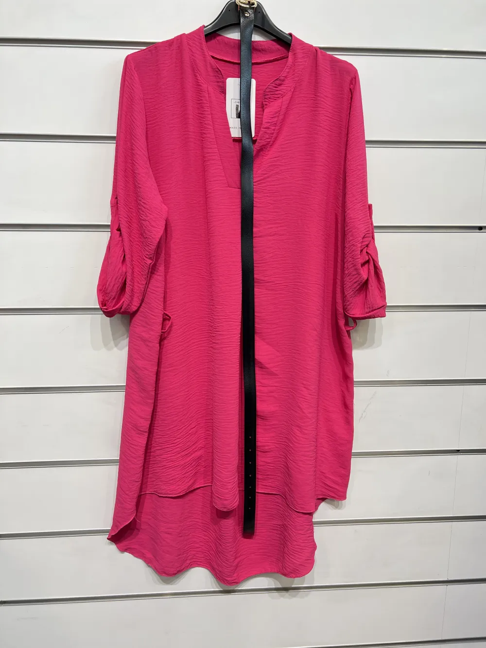 Šaty košeľové letné s opaskom 3/4 dlhý rukáv dámske (S/M ONE SIZE) TALIANSKA MÓDA IMPSH2420159 tmavo ružová S/M