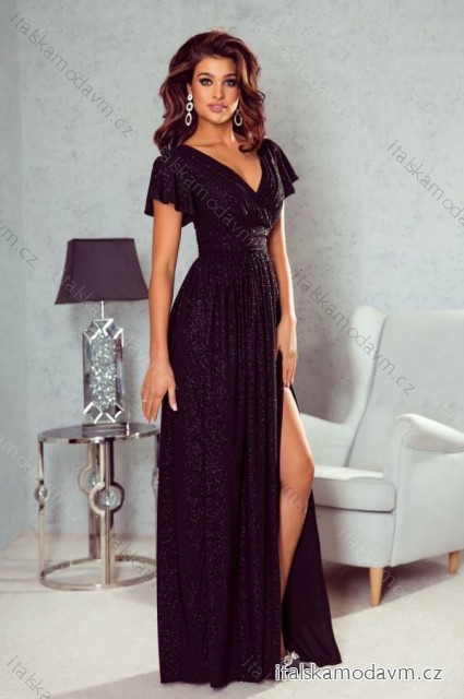 Šaty dlhé spoločenské trblietavé krátky rukáv dámske (34-52) POLSKÁ MÓDA PMLMC24SELENA6 -   čierna
 -   48