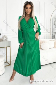 504-4 VIVIANA Plisované midi šaty s výstřihem, dlouhými rukávy a širokým páskem - světle zelené