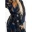 519-1 Plisované šifonové dlouhé šaty s výstřihem, dlouhými rukávy a páskem - modro-béžové vlny