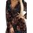 519-2 Plisované šifonové dlouhé šaty s výstřihem, dlouhými rukávy a páskem - hnědomodré květy