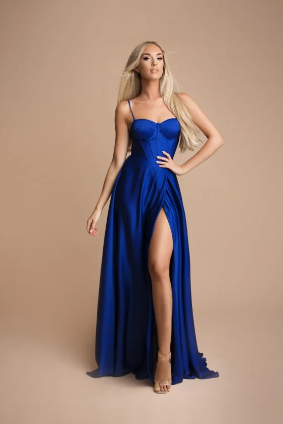 Šaty dlouhé elegantní společenské na ramínka dámské (S-L) FRANCOUZSKÁ MÓDA FMPEL24EMMA-2 modrá S