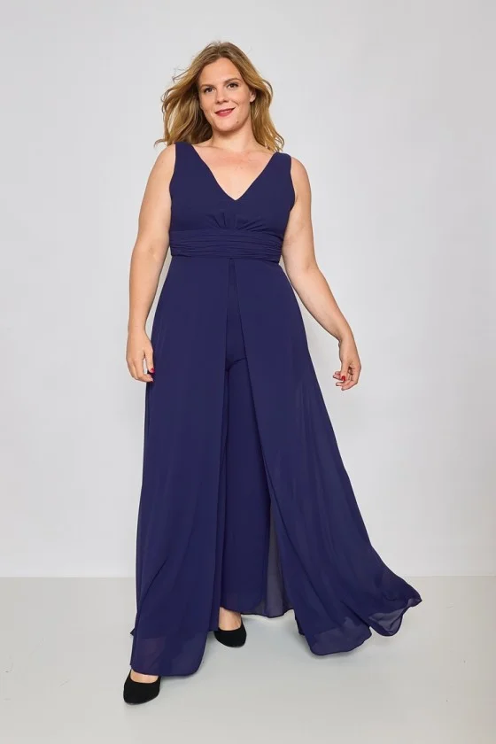 Šaty dlouhé elegantní společenské na široká ramínka dámské nadrozměr (42-48) FRANCOUZSKÁ MÓDA FMPEL24VELVETQS-3 tmavě modrá 46
