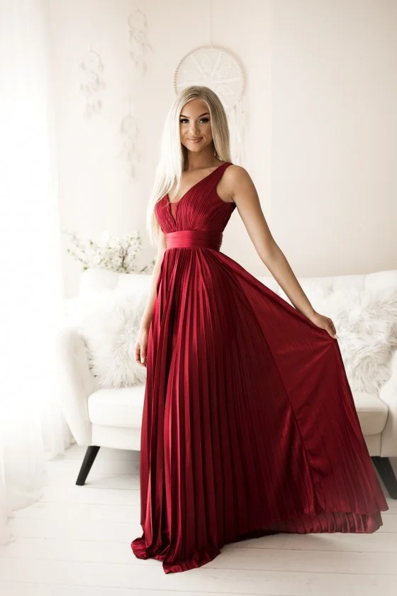 Šaty dlouhé elegantní společenské na ramínka dámské (S-L) FRANCOUZSKÁ MÓDA FMPEL24SELENE-1 červená L