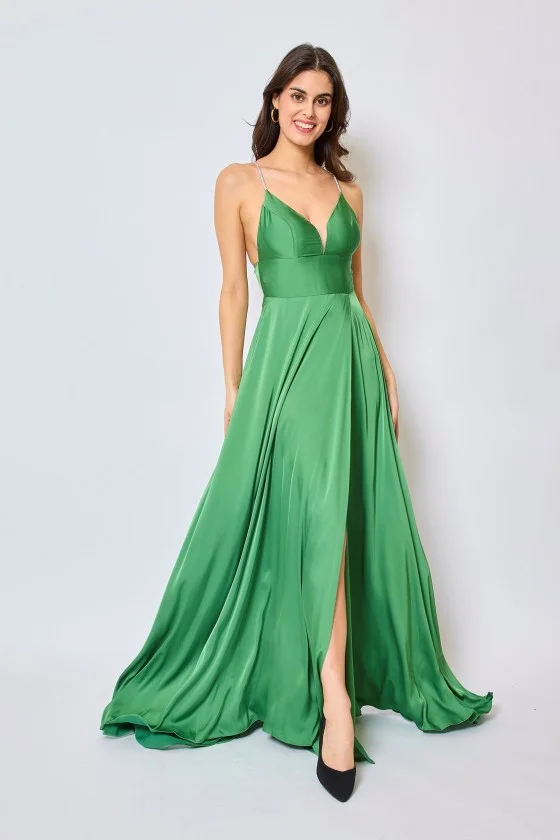 Šaty dlouhé elegantní společenské na ramínka dámské (S-L) FRANCOUZSKÁ MÓDA FMPEL24DAPHNE-8 zelená S