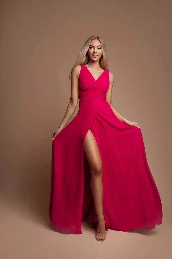 Šaty dlouhé elegantní společenské na ramínka dámské (S-L) FRANCOUZSKÁ MÓDA FMPEL24CARINE-5 růžová malinová M