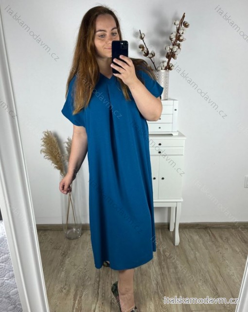 Šaty oversize maxi dlouhé krátký rukáv dámské bavlněné (3XL/4XL/5XL ONE SIZE) Italská Móda IM324VIKTORIE/DR 4XL/5XL modrá petrolejová