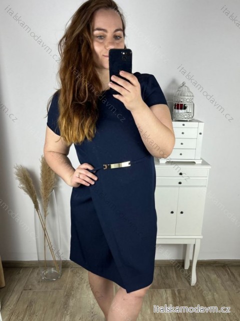 Šaty elegantní společenské krátký rukáv dámské nadrozměr (42-54) POLSKÁ MÓDA PMF22008A/DUR Barva   tmavě modrá Velikost   42