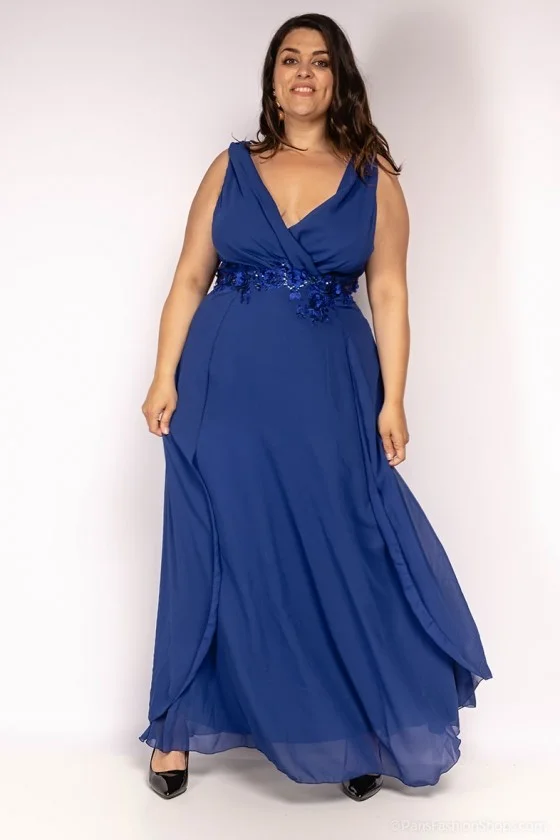 Šaty dlouhé elegantní společenské na ramínka dámské nadrozměr (42-48) FRANCOUZSKÁ MÓDA FMPEL24AURYANEQS-2 modrá 48