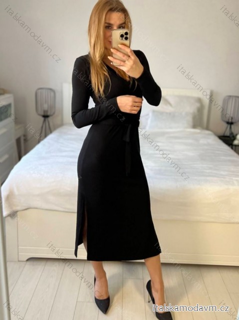 Šaty žebrované dlouhý rukáv dámská (S/M ONE SIZE) ITALSKÁ MÓDA IMM23M19206/DU -   Černá -   S/M