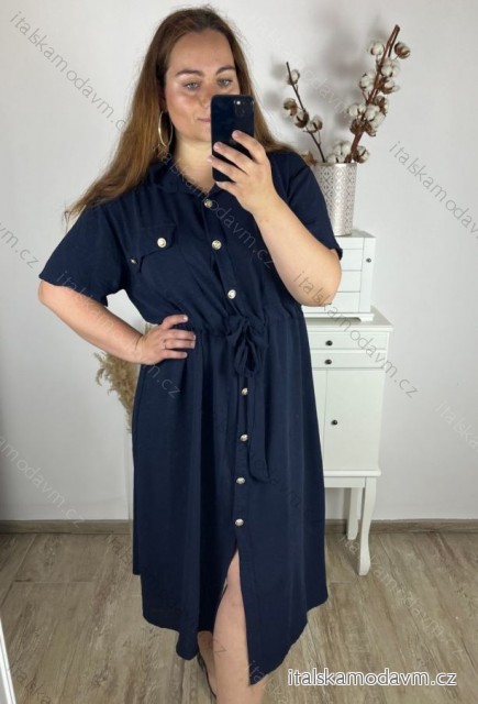 Šaty letní košilové krátký rukáv dámské nadrozměr (3XL/4XL ONE SIZE) ITALSKÁ MÓDA IMWQ24103/DUR -   tmavě modrá -   3XL/4XL