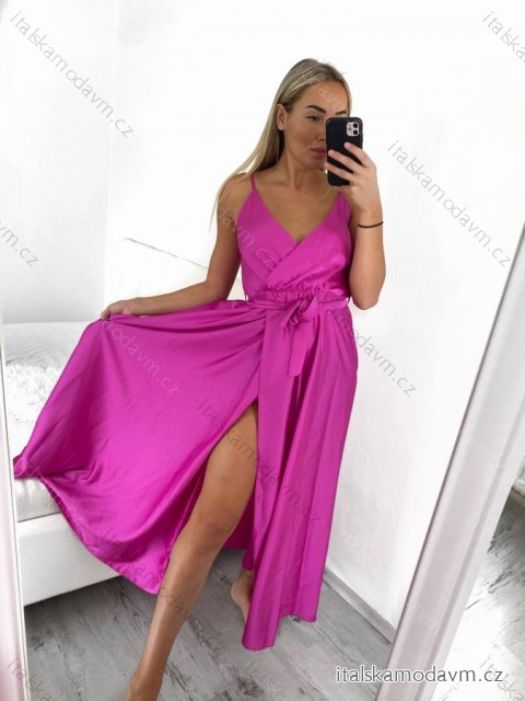 Šaty dlouhé letní saténové s páskem na ramínka dámské  (S/M ONE SIZE) ITALSKÁ MÓDA IMM22INFINITE/DR tmavě růžová