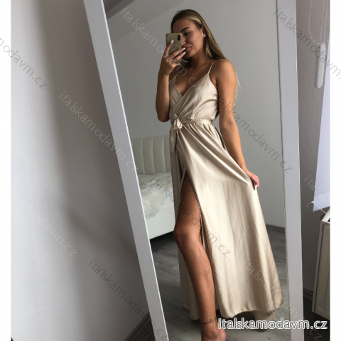 Šaty dlouhé letní saténové s páskem na ramínka dámské  (S/M ONE SIZE) ITALSKÁ MÓDA IMM22INFINITE smetanová