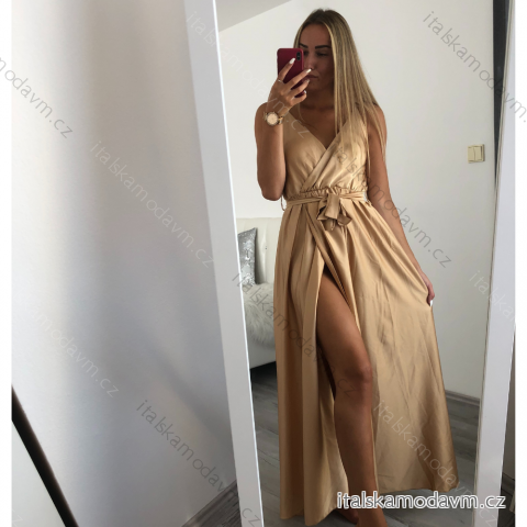 Šaty dlouhé letní saténové s páskem na ramínka dámské  (S/M ONE SIZE) ITALSKÁ MÓDA IMM22INFINITE tmavě smetanová