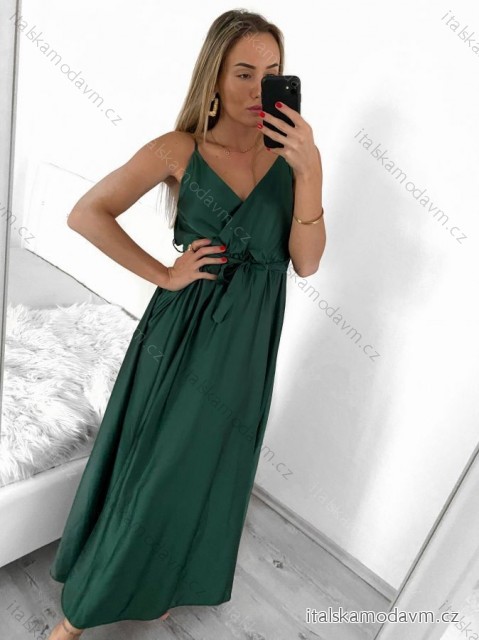 Šaty dlouhé letní saténové s páskem na ramínka dámské  (S/M ONE SIZE) ITALSKÁ MÓDA IMM22INFINITE smaragdová zelená