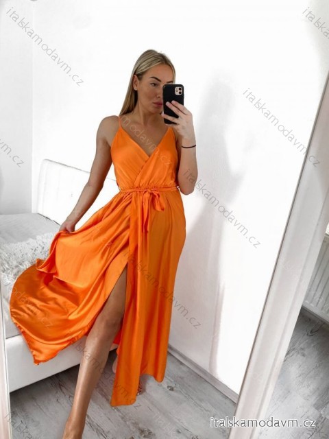 Šaty dlhé letné saténové s opaskom na ramienka dámske (S/M ONE SIZE) TALIANSKA MÓDA IMM22INFINITE oranžová S/M