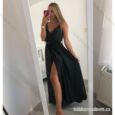 Šaty dlouhé letní saténové s páskem na ramínka dámské  (S/M ONE SIZE) ITALSKÁ MÓDA IMM22INFINITE černá