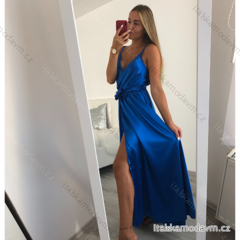 Šaty dlhé letné saténové s opaskom na ramienka dámske (S/M ONE SIZE) TALIANSKA MÓDA IMM22INFINITE kráľovská modrá