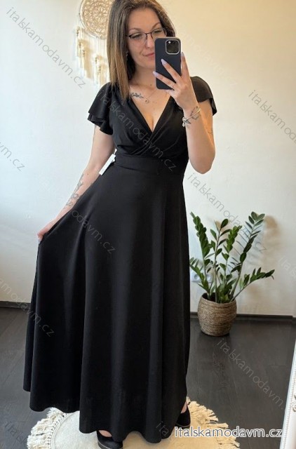 Šaty dlouhé elegantní letní s rukávem s volánky dámské (S/M ONE SIZE) ITALSKÁ MÓDA IM423LAILA Černá