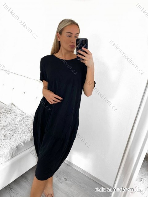Šaty oválné letní volnočasové oversize krátký rukáv dámské (XL/2XL/3XL ONE SIZE) ITALSKÁ MÓDA IM422510/DUR černá 2XL/3XL