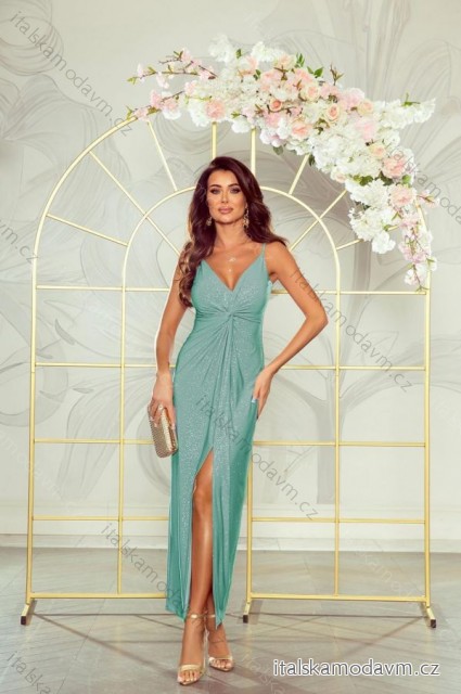Šaty dlhé elegantné trblietavé na ramienka dámske (34-40) POLSKÁ MÓDA PMLWD24GLORIA-2 zelená olivová 40