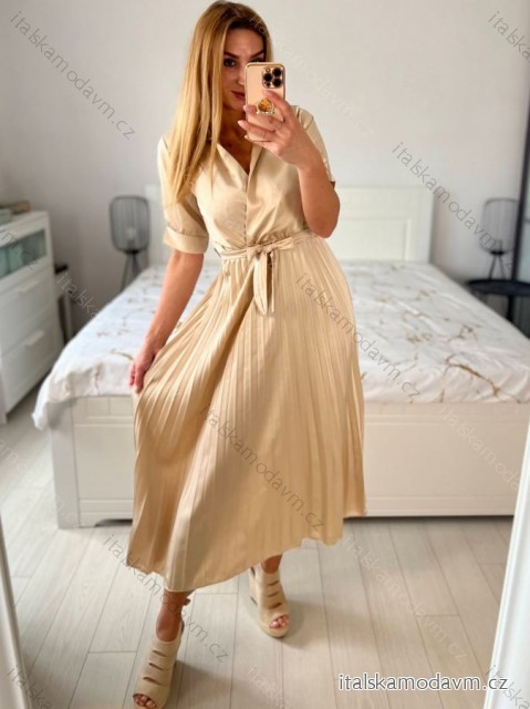 Šaty dlouhé košilové s páskem krátký rukáv  dámské (S/M ONE SIZE) ITALSKÁ MÓDA IMM24M6575A