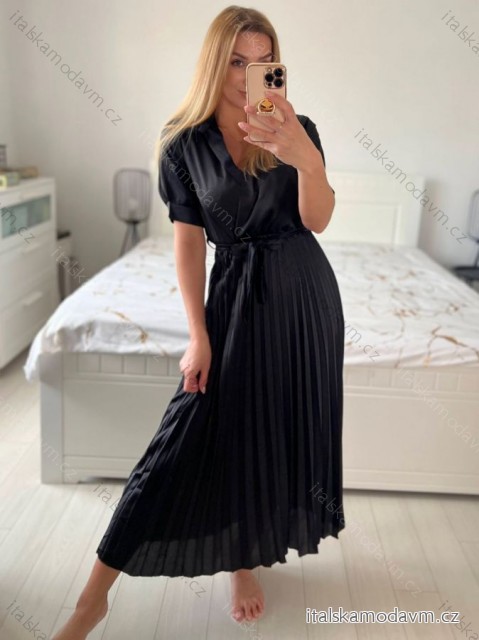 Šaty dlhé košeľové s opaskom krátky rukáv dámske (S/M ONE SIZE) TALIANSKA MÓDA IMM24M6575A/DU -   čierna
 -   S / M