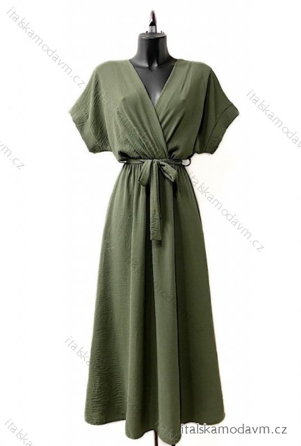 Šaty dlouhé elegantní krátký rukáv dámské (38/40 ONE SIZE) ITALSKÁ MÓDA IMPES2415269 zelená khaki 38/40