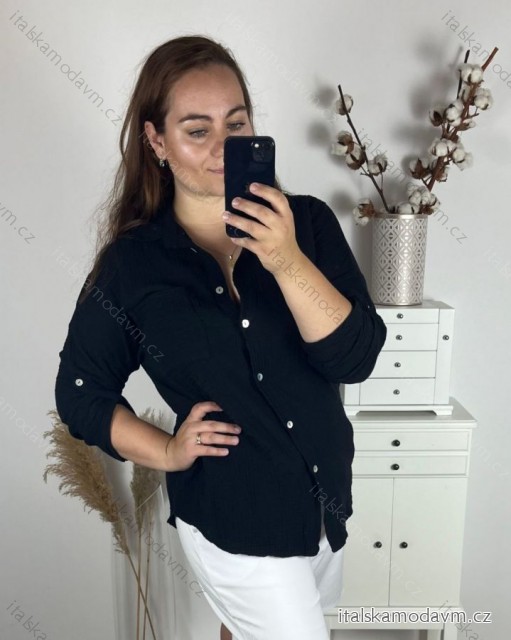 Košile mušelínová dlouhý rukáv dámská (L/XL/2XL ONE SIZE) ITALSKÁ MÓDA IMWBH24014/DU černá Xl/2XL