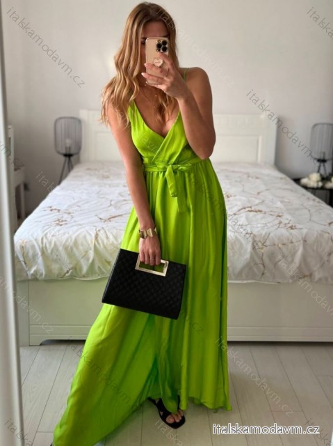 Šaty dlhé letné saténové s opaskom na ramienka dámske (S/M ONE SIZE) TALIANSKA MÓDA IMM22INFINITE/DUR -   zelená limetková -   S / M