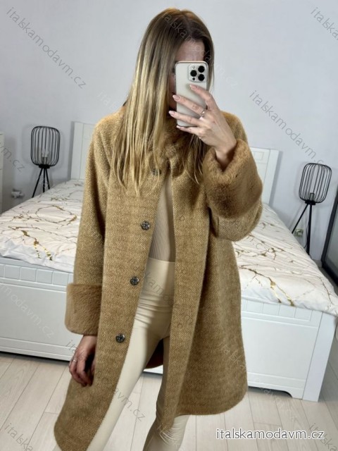 Kabát s kožíškem dlouhý rukáv dámský (S/M/L/XL ONE SIZE) ITALSKÁ MODA IM423351/DU L/XL hnědá