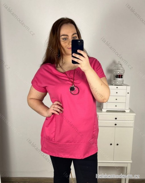 Tunika oversize krátky rukáv s príveskom nadrozmer (3XL/4XL ONE SIZE) TALIANSKA MÓDA IMC23146/DU -   tmavo ružová
 -   3XL / 4XL