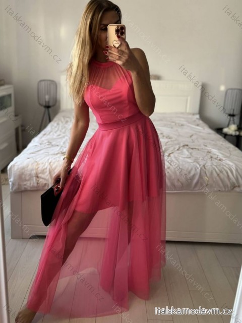 Šaty tilové elegantné bez rukávov dámske (S/M ONE SIZE) TALIANSKA MÓDA IMM22Q52235A/UL růžová neon