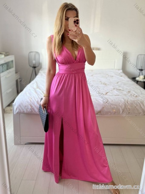 Šaty dlhé spoločenské na ramienka dámske (S/M ONE SIZE) TALIANSKA MÓDA IMPSH245192/ tm. růžová S/M
