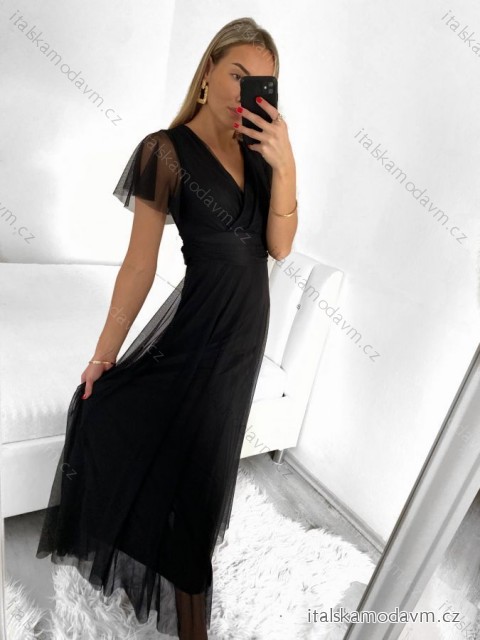 Šaty společenské elegantní krátký rukáv dámské (S/M ONE SIZE) ITALSKÁ MÓDA IMPSH223589L/DUR -   Černá -   S/M