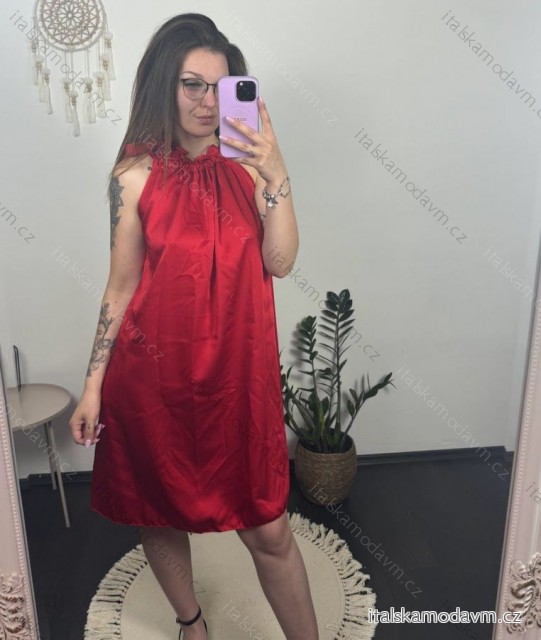 Šaty letné saténové bez rukávov dámske (S/M/L ONE SIZE) TALIANSKA MÓDA IMD23436/DU červená M/L