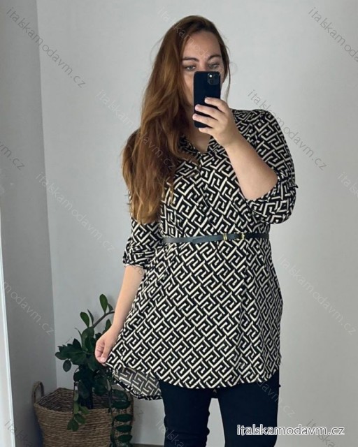 Šaty/tunika košeľová s opaskom dlhý rukáv dámske (S/M/L/XL/2XL/3XL ONE SIZE) TALIANSKA MóDA IM322298/DU béžová 2XL/3XL