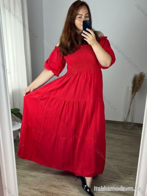 Šaty dlouhé mušelínové letní carmen dlouhý rukáv dámské nadrozměr (48/50 ONE SIZE) ITALSKÁ MÓDA IMWEC24151/DUR -   červená -   48/50