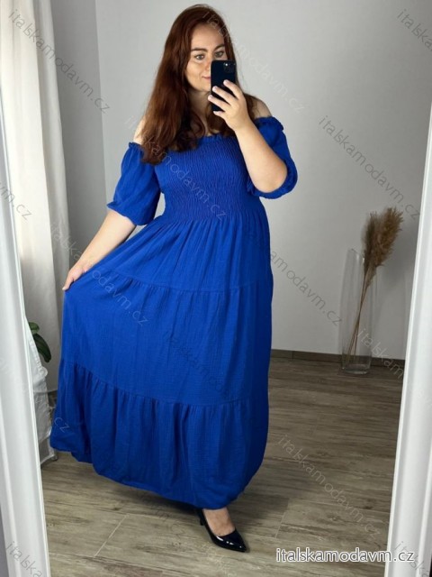 Šaty dlhé mušelínové letné carmen dlhý rukáv dámske nadrozmer (48/50 ONE SIZE) TALIANSKA MÓDA IMWEC24151/DUR -   modrá královská -   48/50